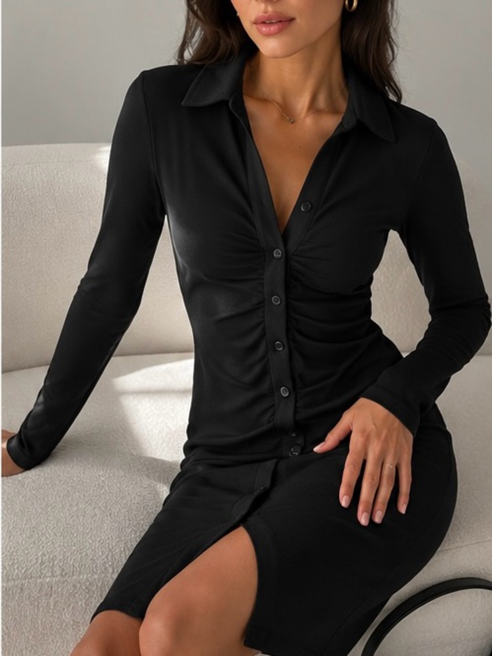 Black Ruched Bodycon Mini Dress Collared Button Front Office Siren XS